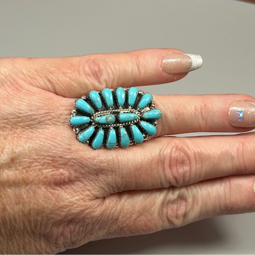 Ray Nez Navajo Crafted Sterling Silver Turquoise Cluster Ring